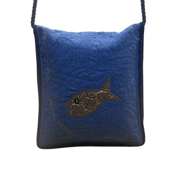 Whimsical Handcrafted Blue Cat Bird & Mouse Applique Quilted Crossbody Bag - Picture 3 of 9